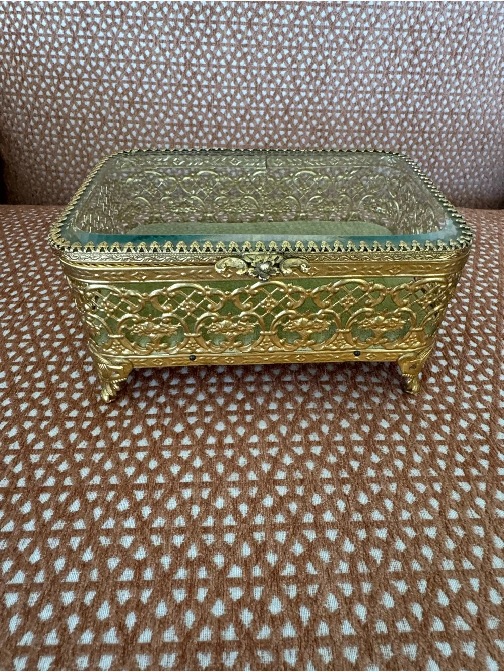 1960s Matson 24k Gold Plated Ornate Ormolu Filigree Footed Jewelry Box